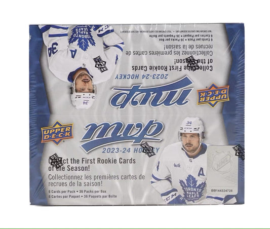2023/24 Upper Deck MVP Hockey Retail 36-Pack Box packaging | Columbia Sports Cards

2023/24 Upper Deck MVP Hockey Alternate Threads insert card example | Columbia Sports Cards

2023/24 Upper Deck MVP Hockey Ice Reps insert with team captain and mascot | Columbia Sports Cards

2023/24 Upper Deck MVP Hockey Stars of the Rink card example | Columbia Sports Cards