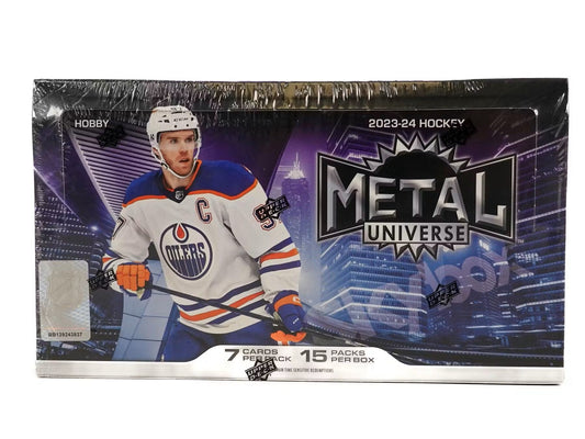 2023/24 Upper Deck Skybox Metal Universe Hockey Hobby Box packaging | Columbia Sports Cards

2023/24 Metal Universe Hockey Precious Metal Gems PMG parallel cards | Columbia Sports Cards

2023/24 Skybox Premium Prospects rookie card example | Columbia Sports Cards

2023/24 Metal Universe Hockey Z-Force insert card example | Columbia Sports Cards

2023/24 Metal Universe Hockey Jambalaya case hit card | Columbia Sports Cards