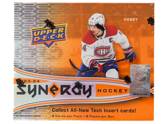 2023/24 Upper Deck Synergy Hockey Hobby Box packaging

Synergy Hockey ultra low-numbered base cards example

Cast for Greatness metal card example

Synergy Hockey new inserts Barnburners Fearless Leaders Flammable

Synergy Hockey Rookie Journey and Synergistic Duos examples