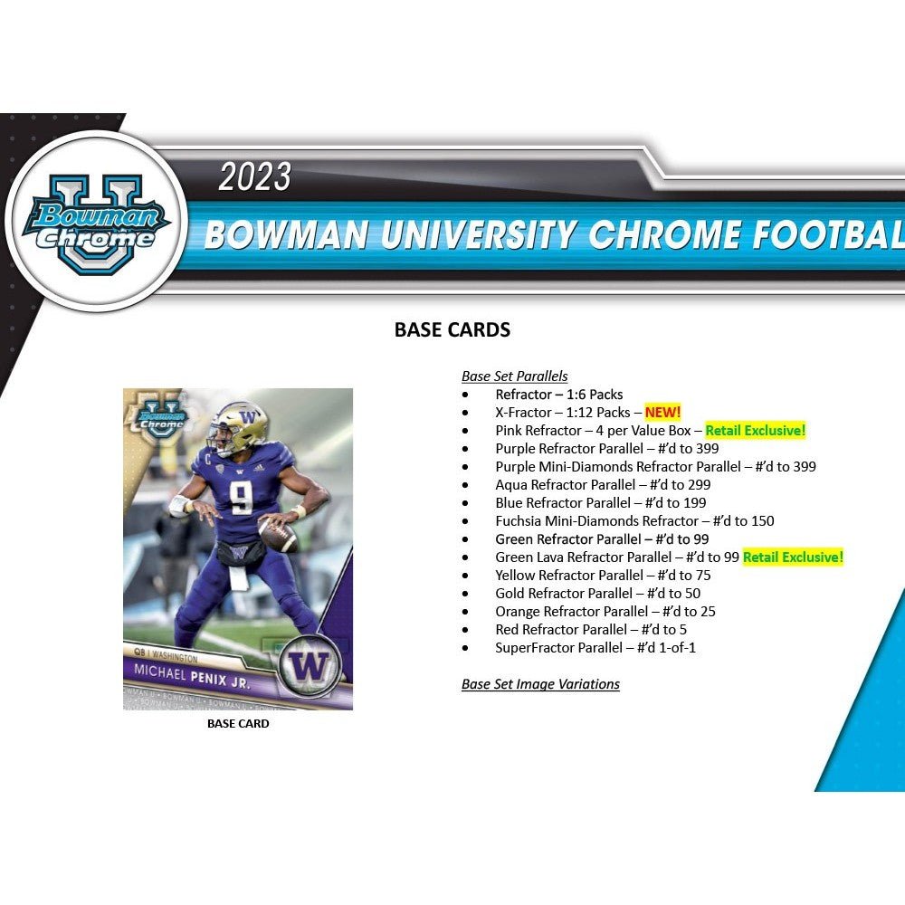 2023 Bowman University Chrome Football Blaster Box - Columbia Hobby - Sports Card Boxes - Toploaders - Card Savers