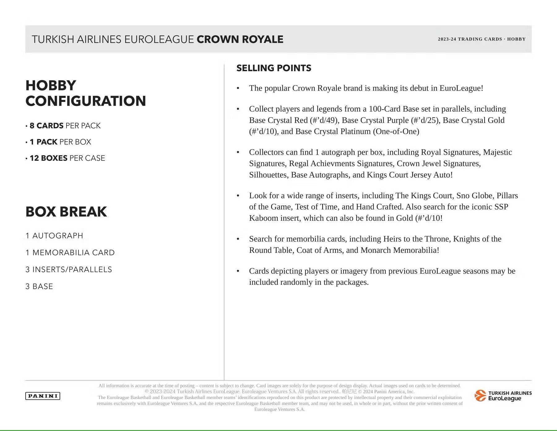 2023/24 Panini Crown Royale Turkish Airlines EuroLeague Basketball Hobby - Columbia Hobby - Sports Card Boxes - Toploaders - Card Savers