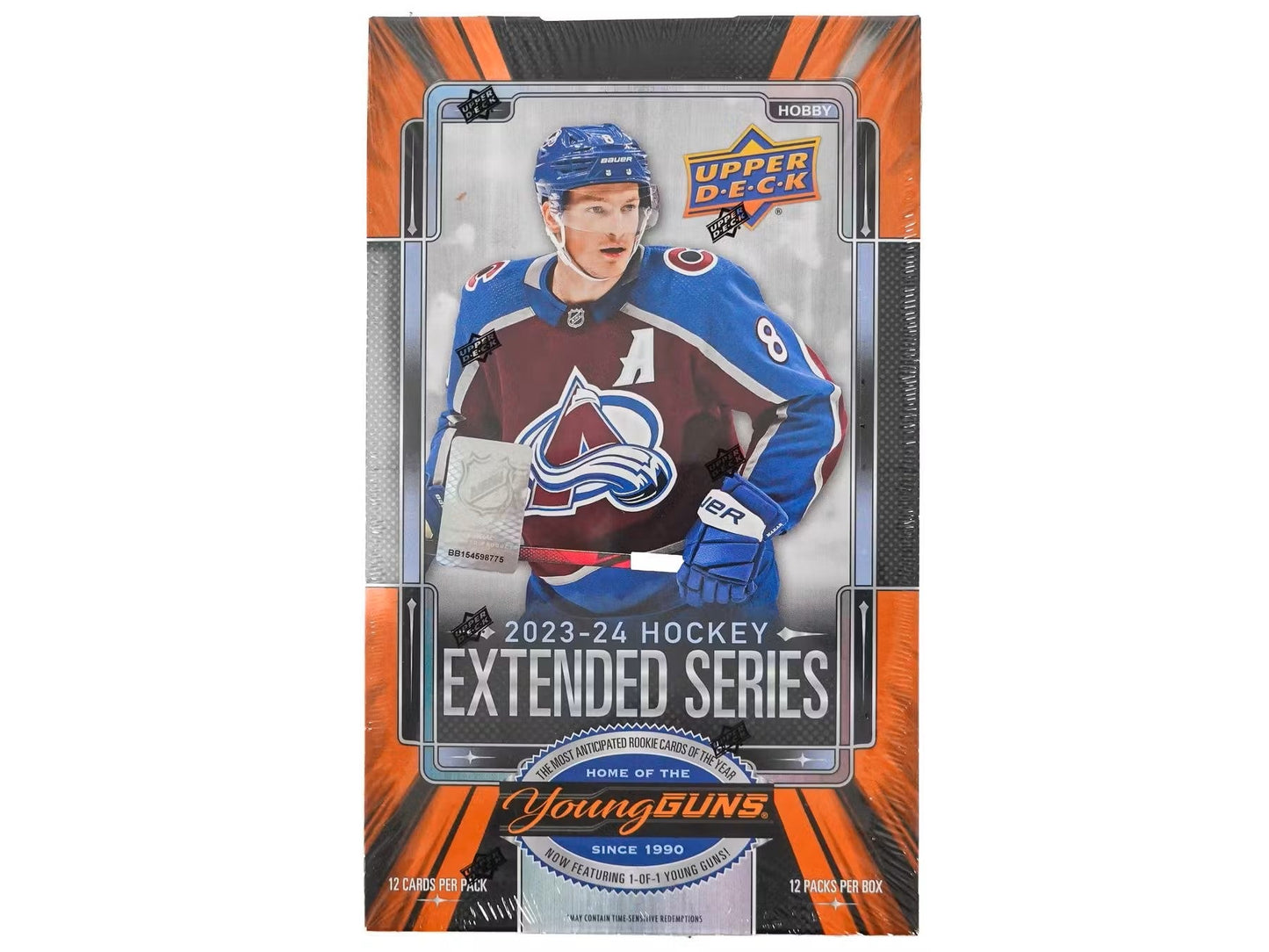 2023/24 Upper Deck Extended Series Hockey Hobby Box packaging | Columbia Sports Cards

2023/24 Upper Deck Extended Series Young Guns rookie card example | Columbia Sports Cards

2007-08 Black Diamond Retro hockey card example | Columbia Sports Cards

1997-98 SPx Holoview Retro hockey card example | Columbia Sports Cards

2023/24 Upper Deck Extended Series Blue Dazzlers insert card | Columbia Sports Cards