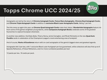 2024 - 25 Topps Chrome UEFA Club Competitions Soccer Hobby Box - Columbia Hobby - Sports Card Boxes - Toploaders - Card Savers