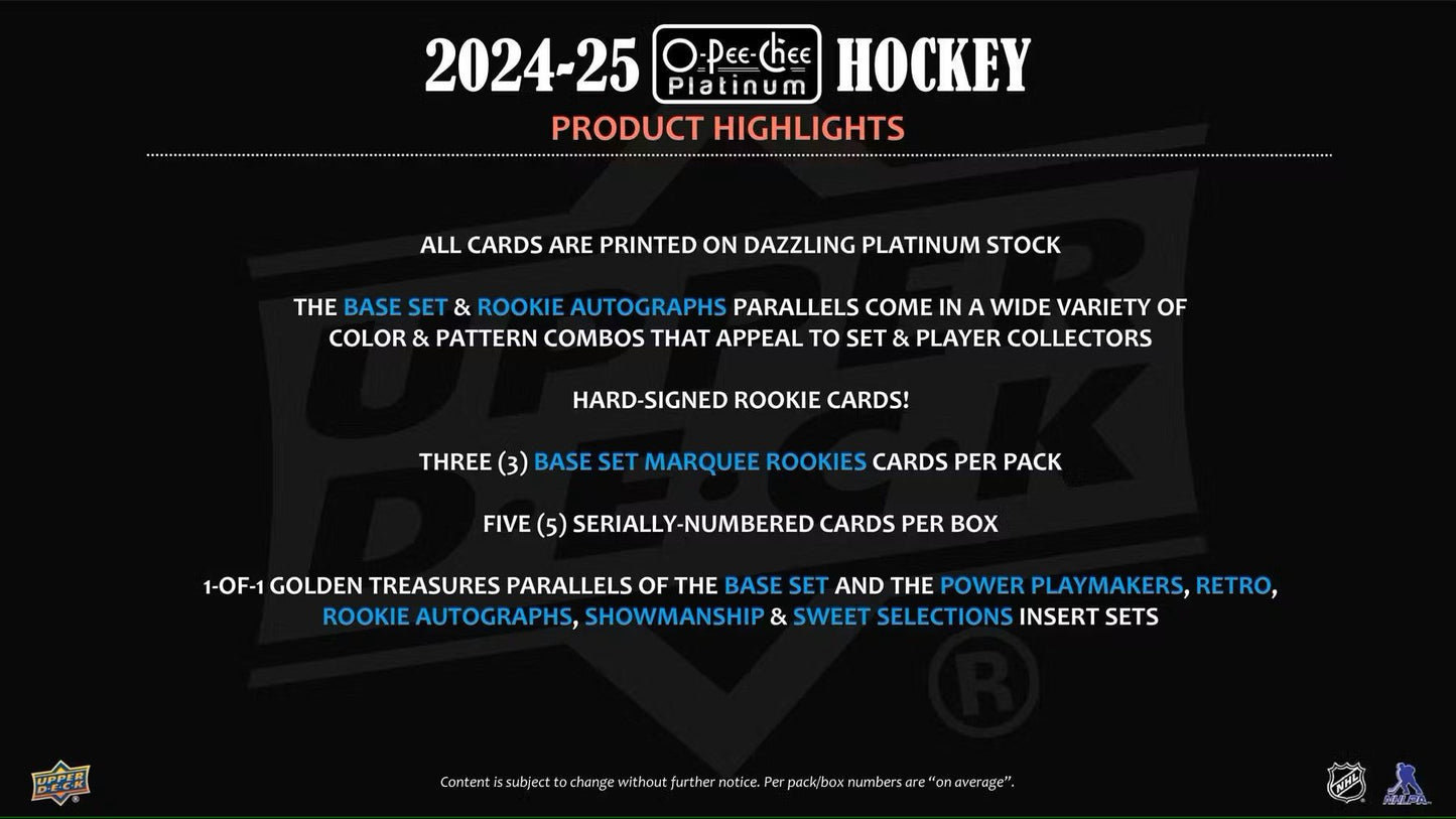 2024 - 25 Upper Deck O - Pee - Chee Platinum Hockey Hobby Box - Columbia Hobby - Sports Card Boxes - Toploaders - Card Savers