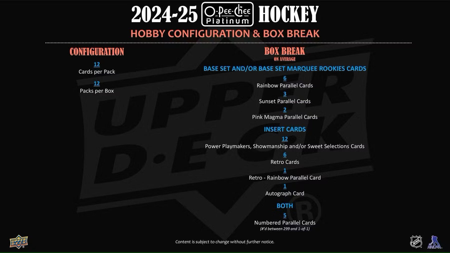 2024 - 25 Upper Deck O - Pee - Chee Platinum Hockey Hobby Box - Columbia Hobby - Sports Card Boxes - Toploaders - Card Savers