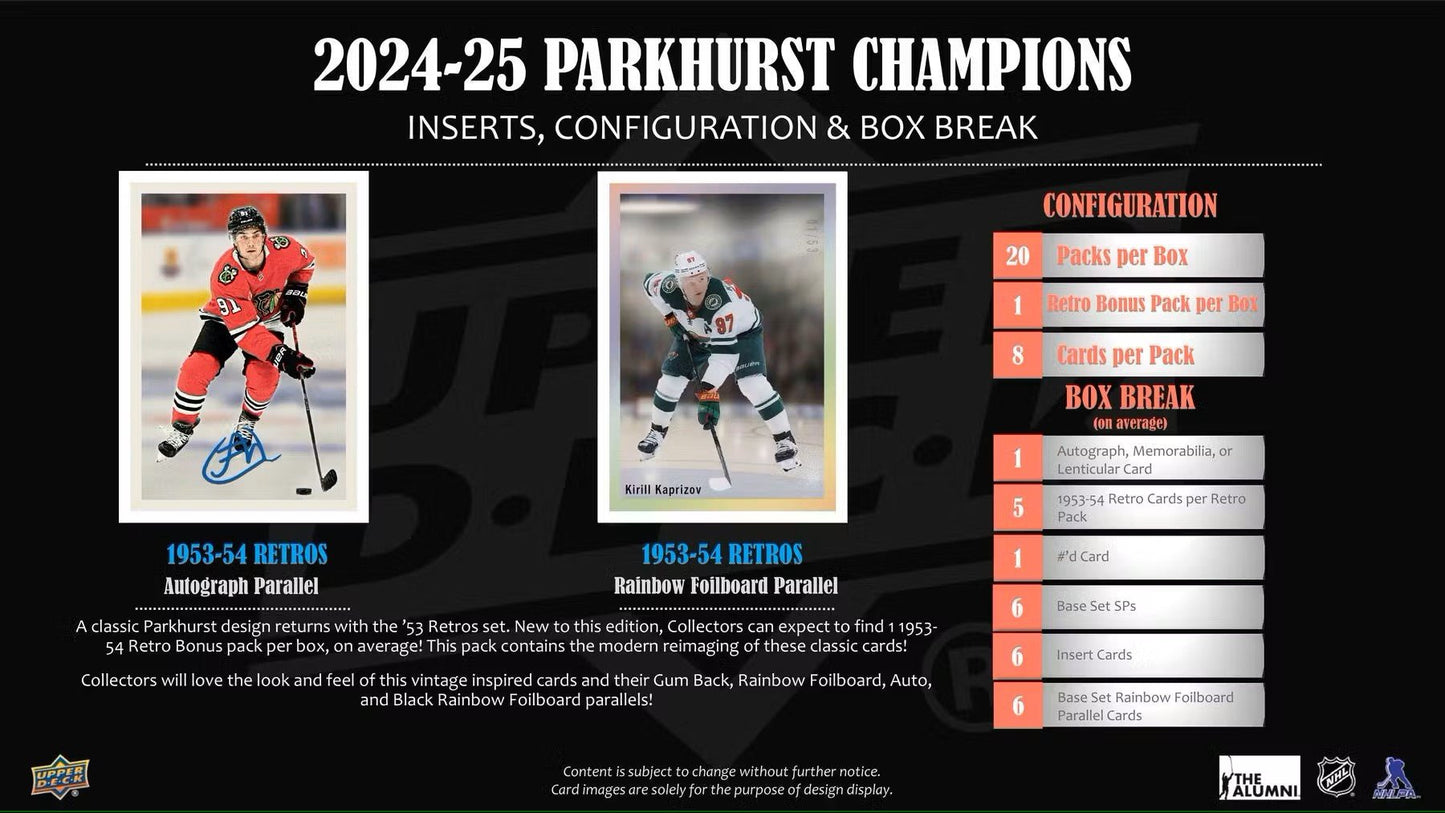 2024 - 25 Upper Deck Parkhurst Champions Hockey Hobby Box - Columbia Hobby - Sports Card Boxes - Toploaders - Card Savers