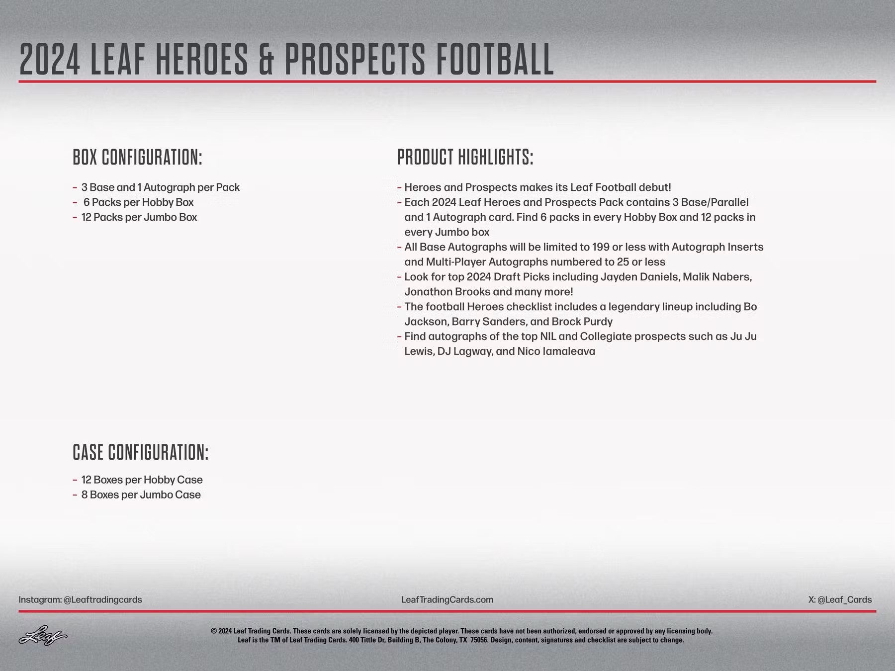 2024 Leaf Heroes & Prospects Football Hobby Box - Columbia Hobby - Sports Card Boxes - Toploaders - Card Savers