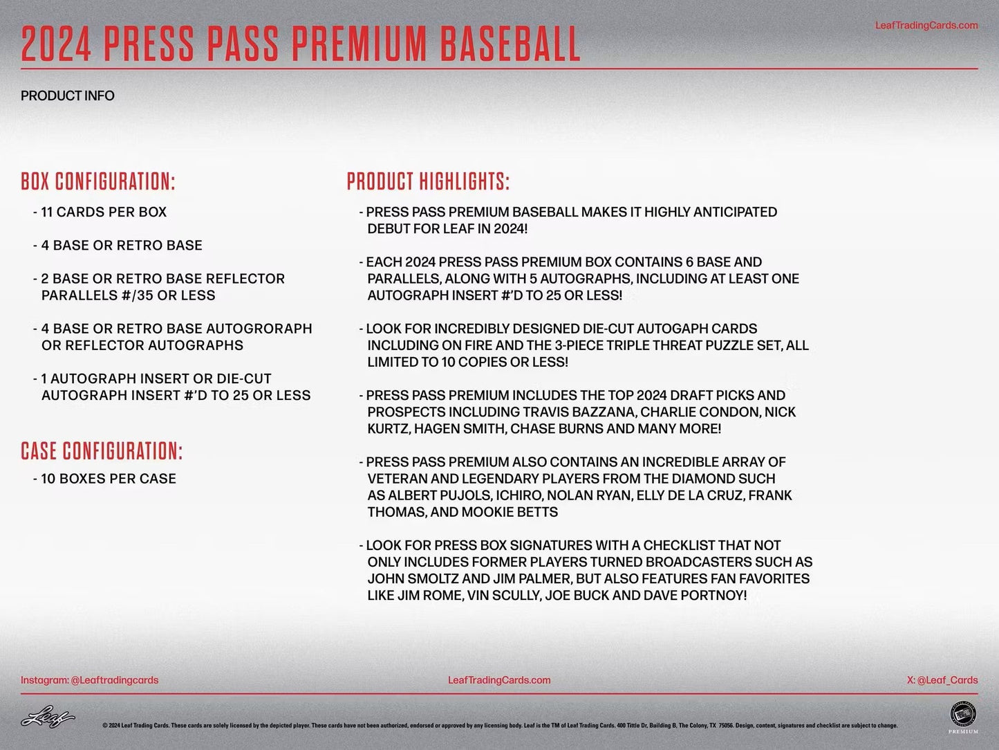 2024 Leaf Press Pass Premium Baseball Hobby Box - Columbia Hobby - Sports Card Boxes - Toploaders - Card Savers
