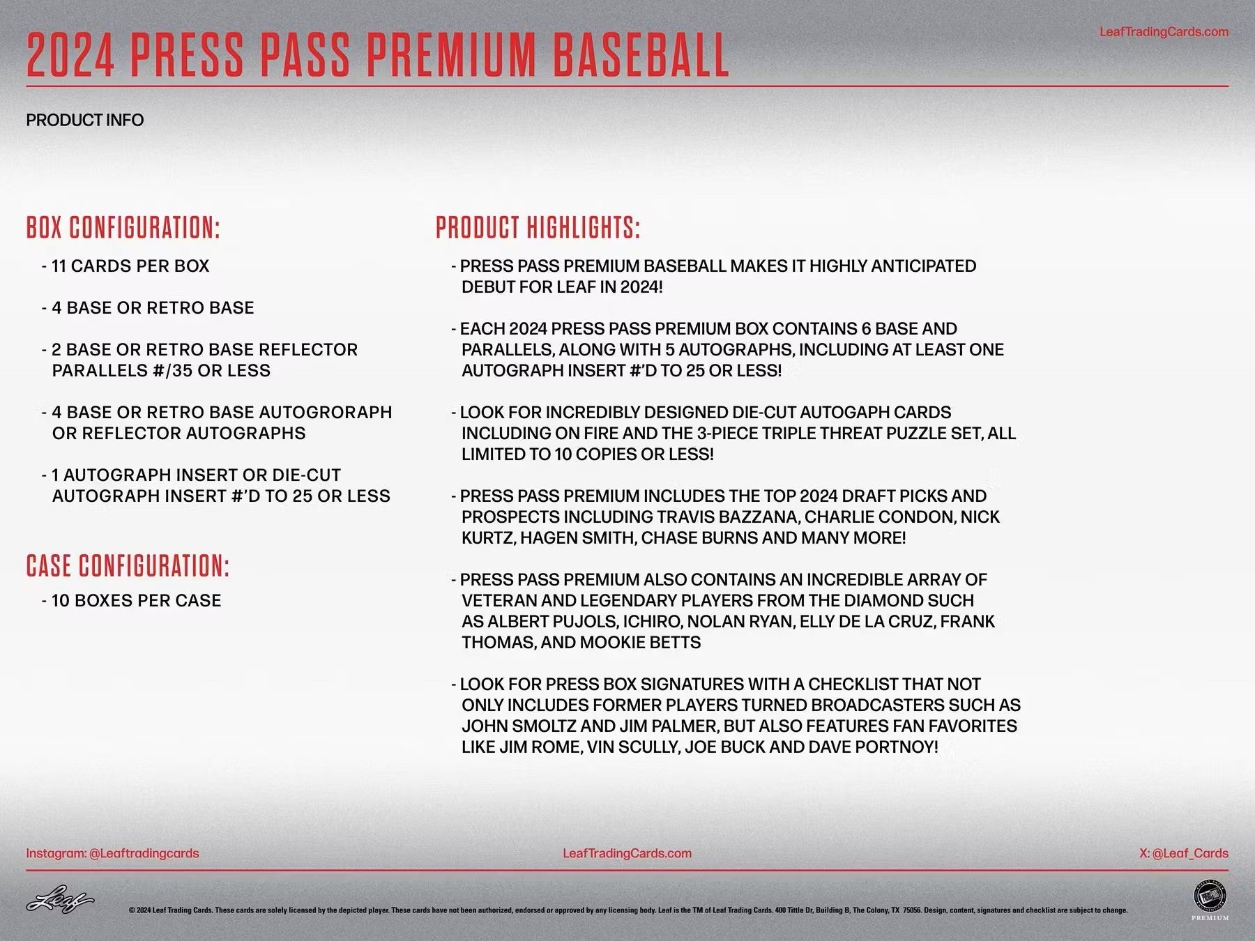 2024 Leaf Press Pass Premium Baseball Hobby Box - Columbia Hobby - Sports Card Boxes - Toploaders - Card Savers