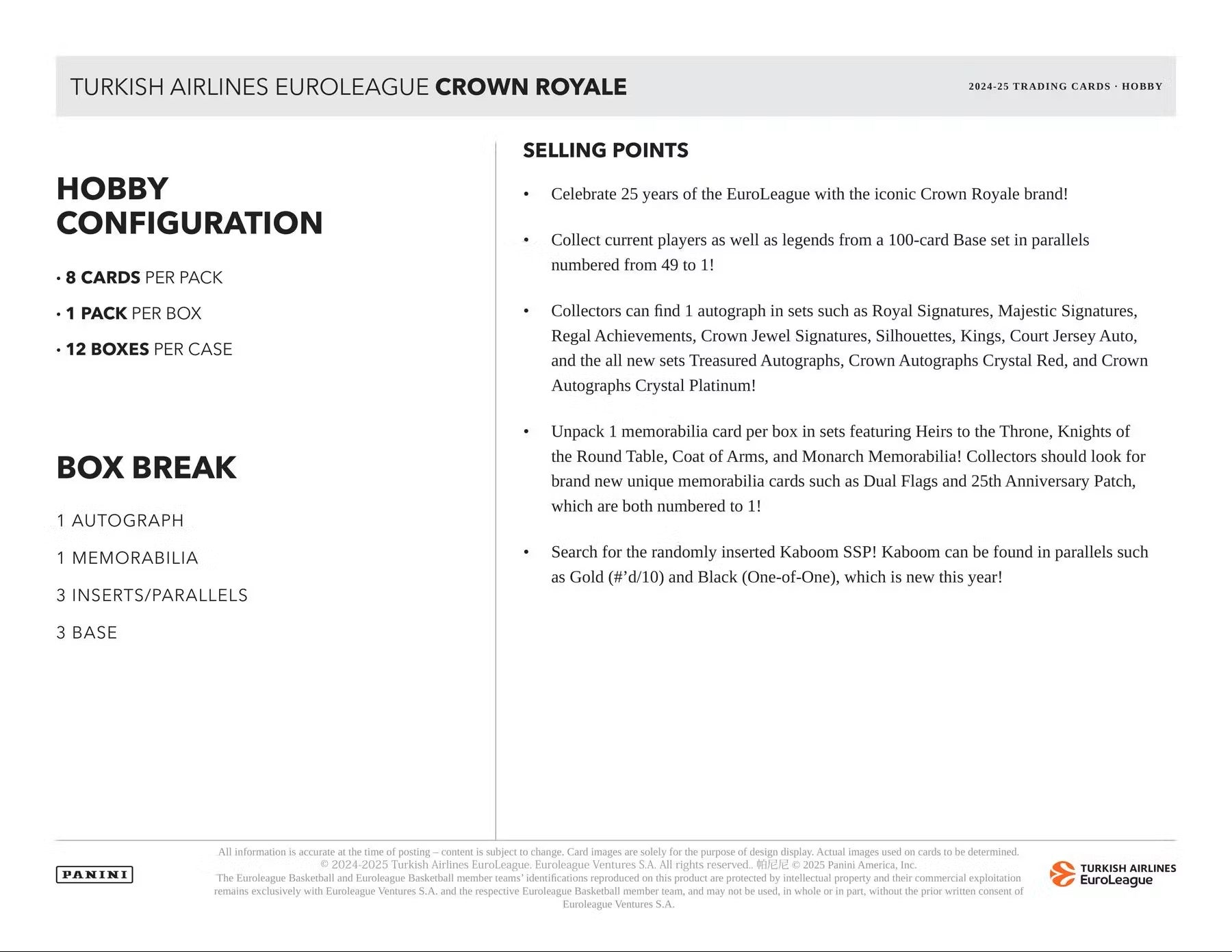 2024/25 Panini EuroLeague Crown Royale Basketball Hobby Box | Columbia Sports Cards & More - Columbia Hobby - Sports Card Boxes - Toploaders - Card Savers