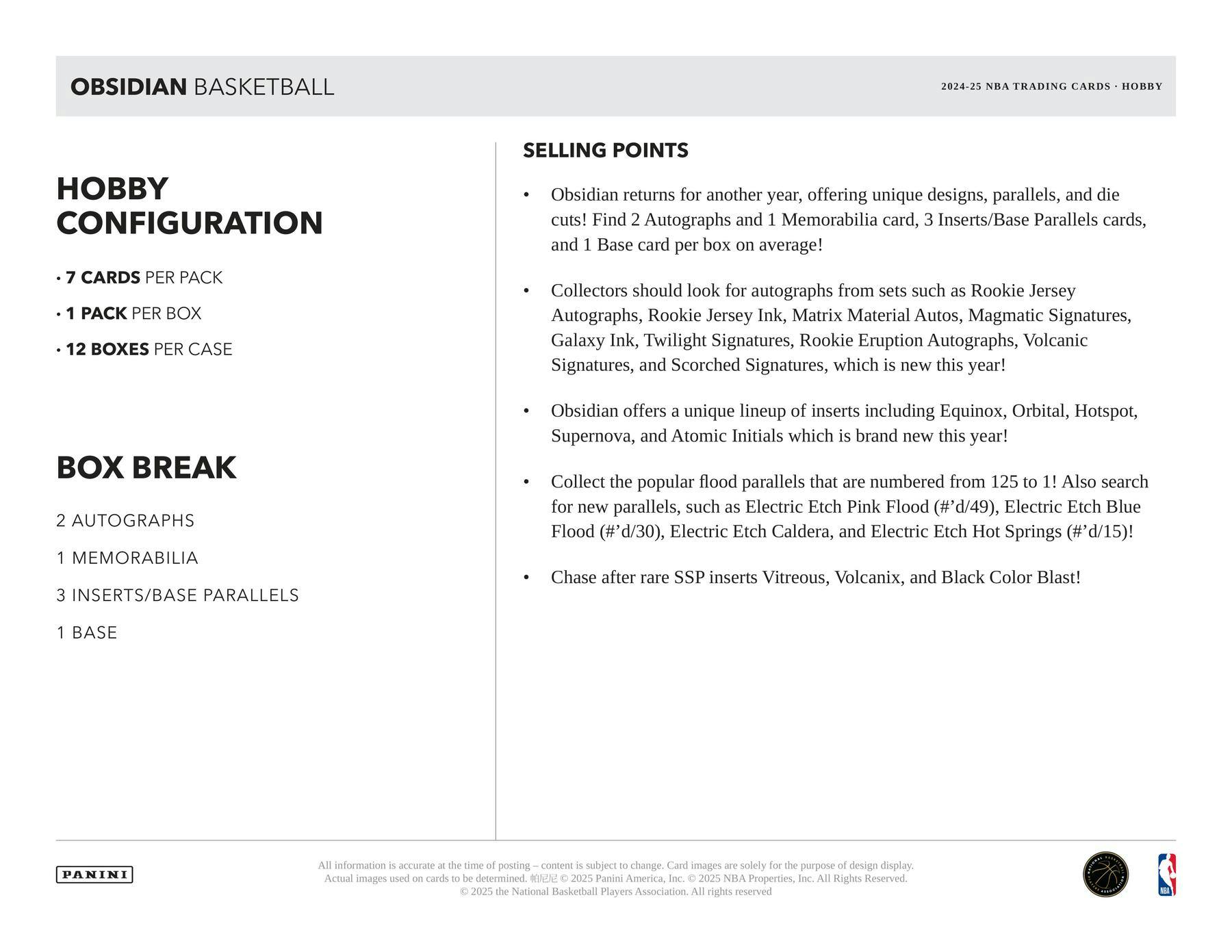 2024/25 Panini Obsidian Basketball Hobby Box | Columbia Sports Cards - Columbia Hobby - Sports Card Boxes - Toploaders - Card Savers