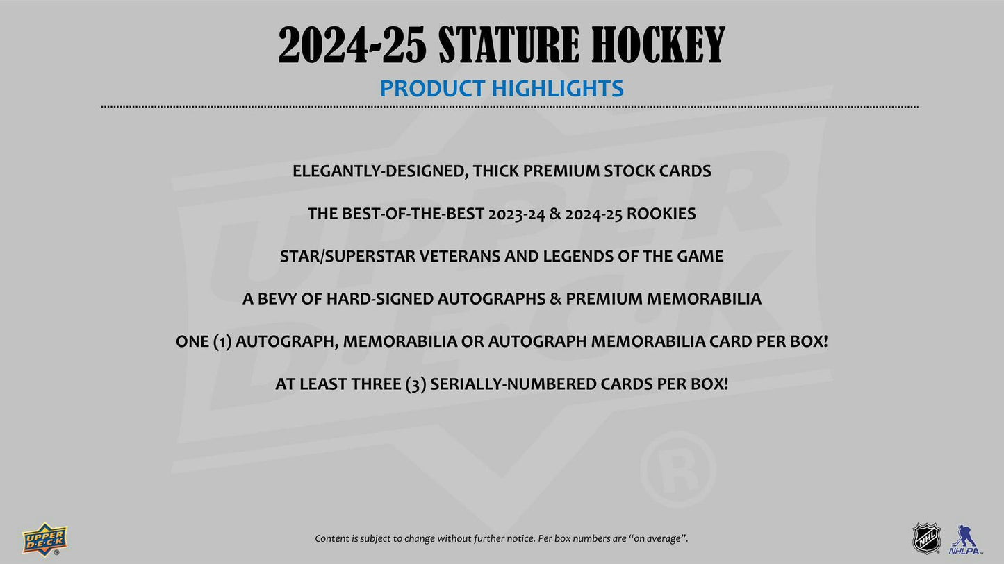 2024/25 Upper Deck Stature Hockey Hobby Box - Columbia Hobby - Sports Card Boxes - Toploaders - Card Savers