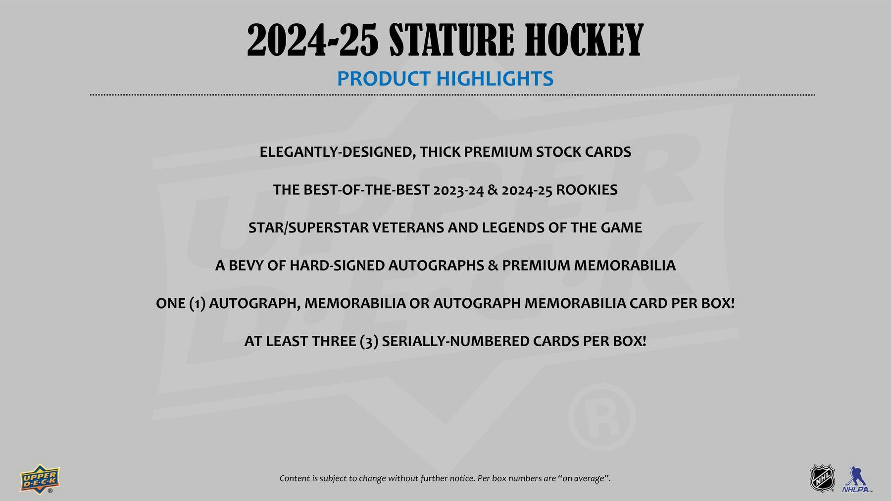2024/25 Upper Deck Stature Hockey Hobby Box - Columbia Hobby - Sports Card Boxes - Toploaders - Card Savers