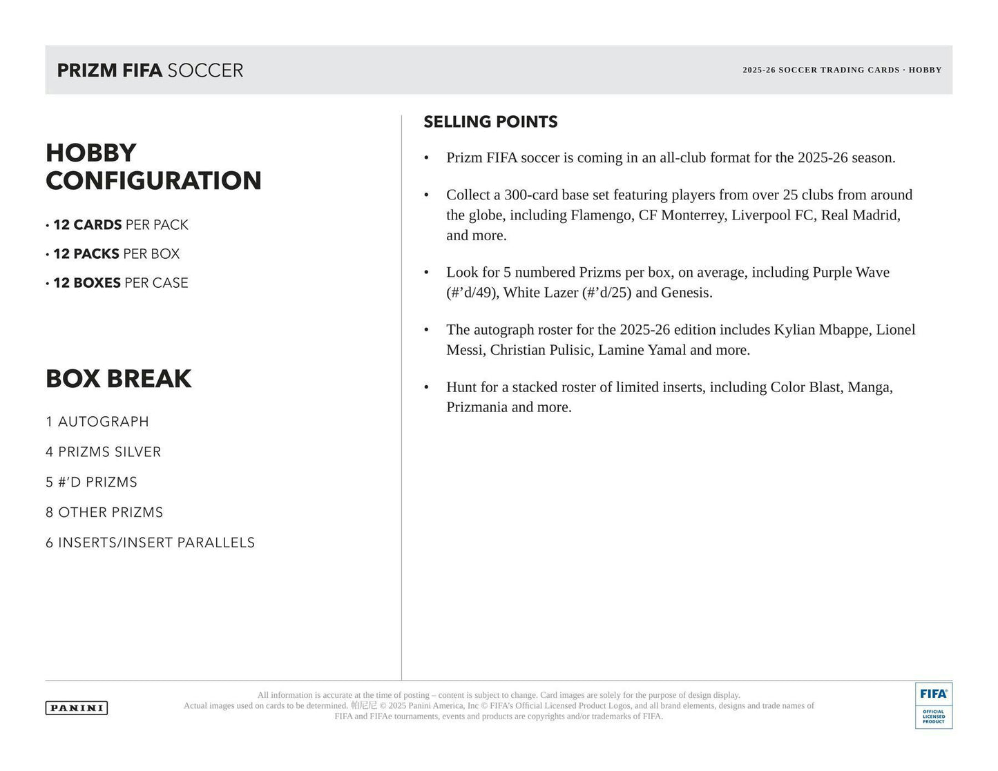 2025 - 26 Panini Prizm FIFA Soccer Hobby Box | Columbia Sports Cards - Columbia Hobby - Sports Card Boxes - Toploaders - Card Savers