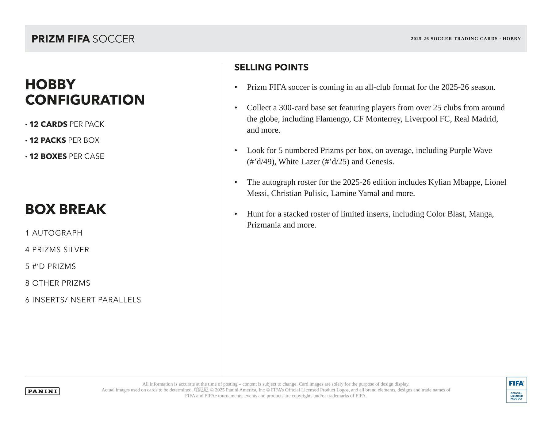 2025 - 26 Panini Prizm FIFA Soccer Hobby Box | Columbia Sports Cards - Columbia Hobby - Sports Card Boxes - Toploaders - Card Savers