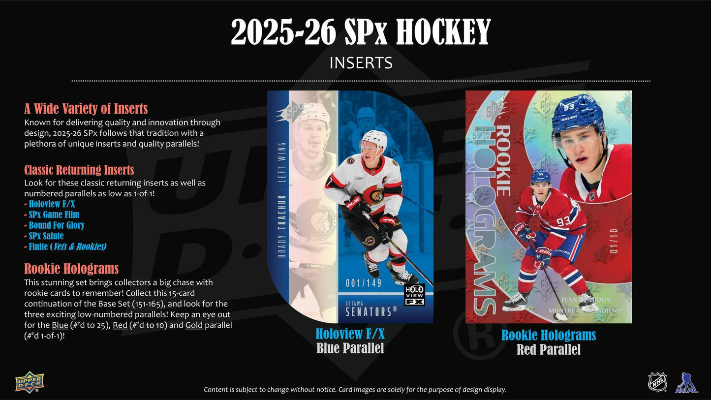 2025 - 26 Upper Deck SPx Hockey Hobby Box - Columbia Hobby - Sports Card Boxes - Toploaders - Card Savers