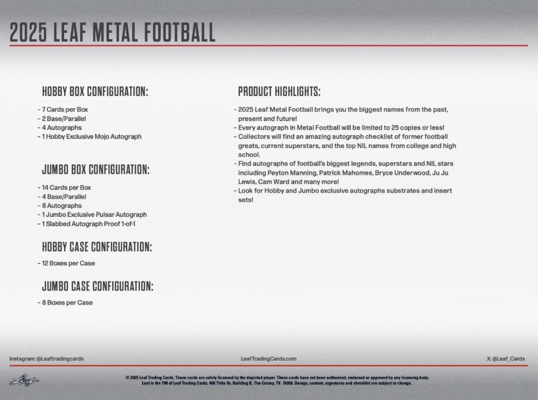 2025 Leaf Metal Football Hobby Box - Columbia Hobby - Sports Card Boxes - Toploaders - Card Savers