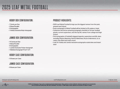 2025 Leaf Metal Football Hobby Box - Columbia Hobby - Sports Card Boxes - Toploaders - Card Savers