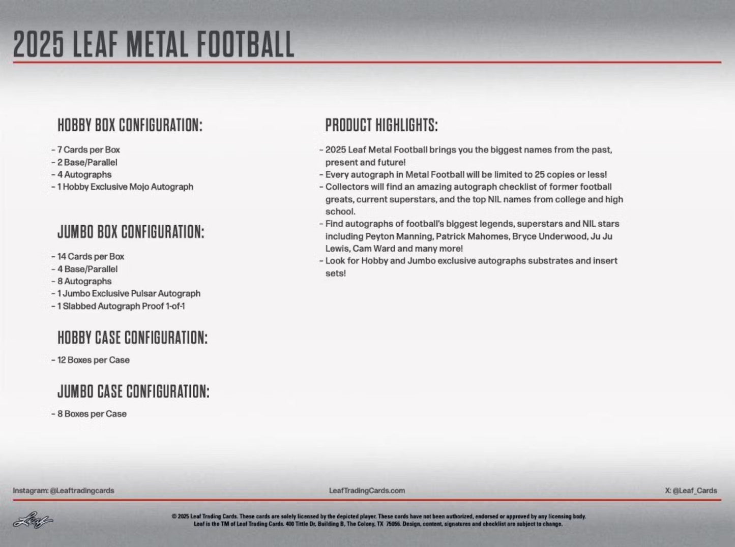 2025 Leaf Metal Football Hobby Jumbo Box - Columbia Hobby - Sports Card Boxes - Toploaders - Card Savers