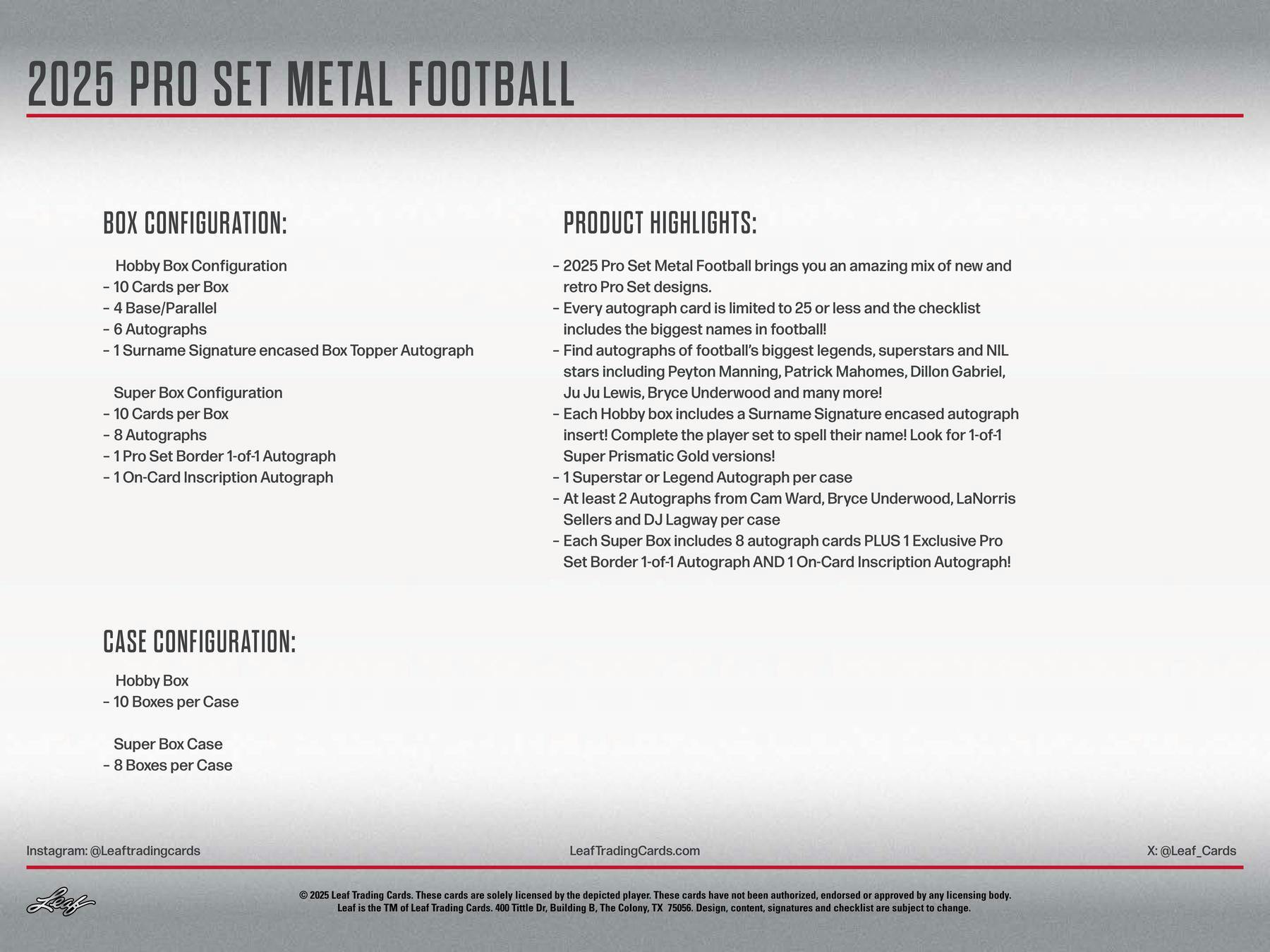 2025 Leaf Pro Set Metal Football Hobby Box - Columbia Hobby - Sports Card Boxes - Toploaders - Card Savers