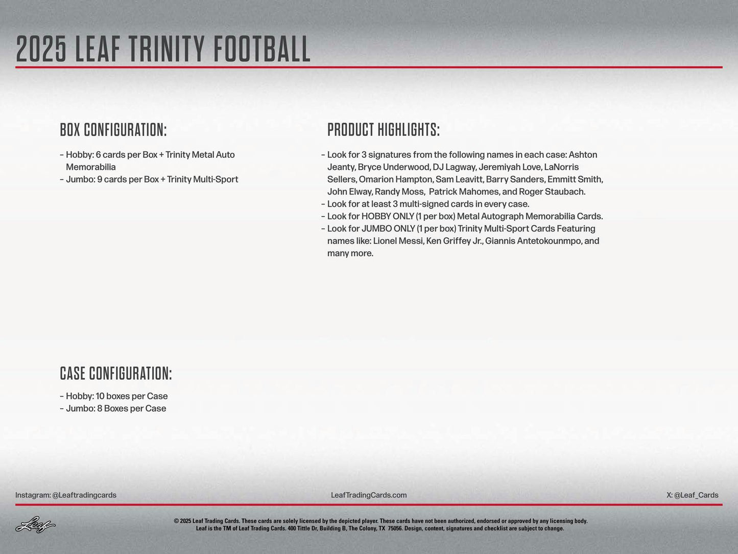 2025 Leaf Trinity Football Jumbo Hobby Box | Columbia Sports Cards - Columbia Hobby - Sports Card Boxes - Toploaders - Card Savers