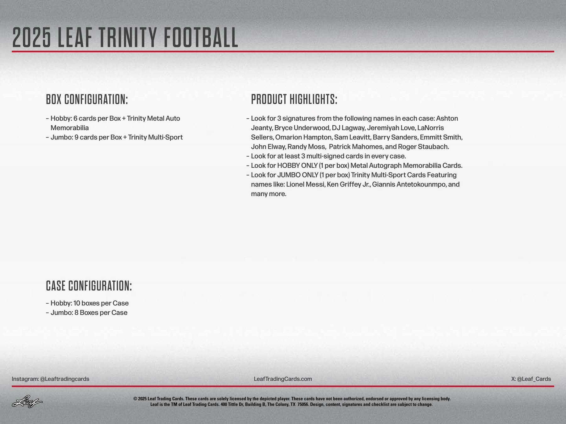 2025 Leaf Trinity Football Jumbo Hobby Box | Columbia Sports Cards - Columbia Hobby - Sports Card Boxes - Toploaders - Card Savers