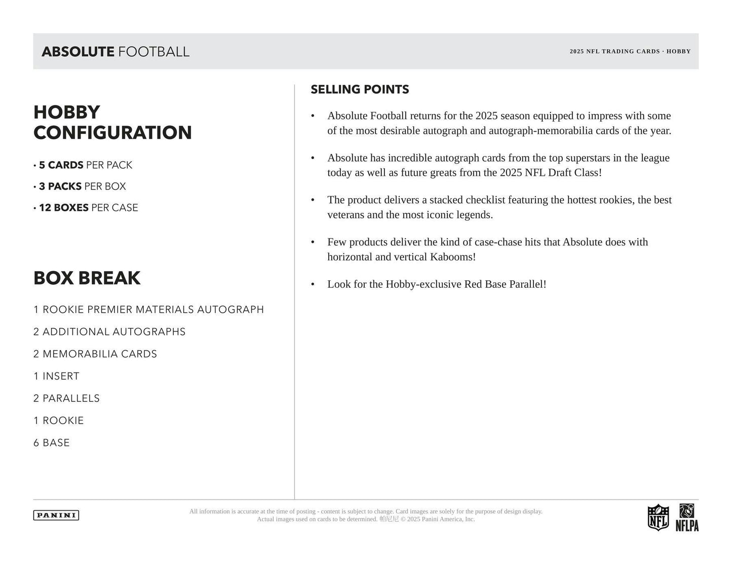 2025 Panini Absolute Football Hobby Box | Columbia Sports Cards - Columbia Hobby - Sports Card Boxes - Toploaders - Card Savers