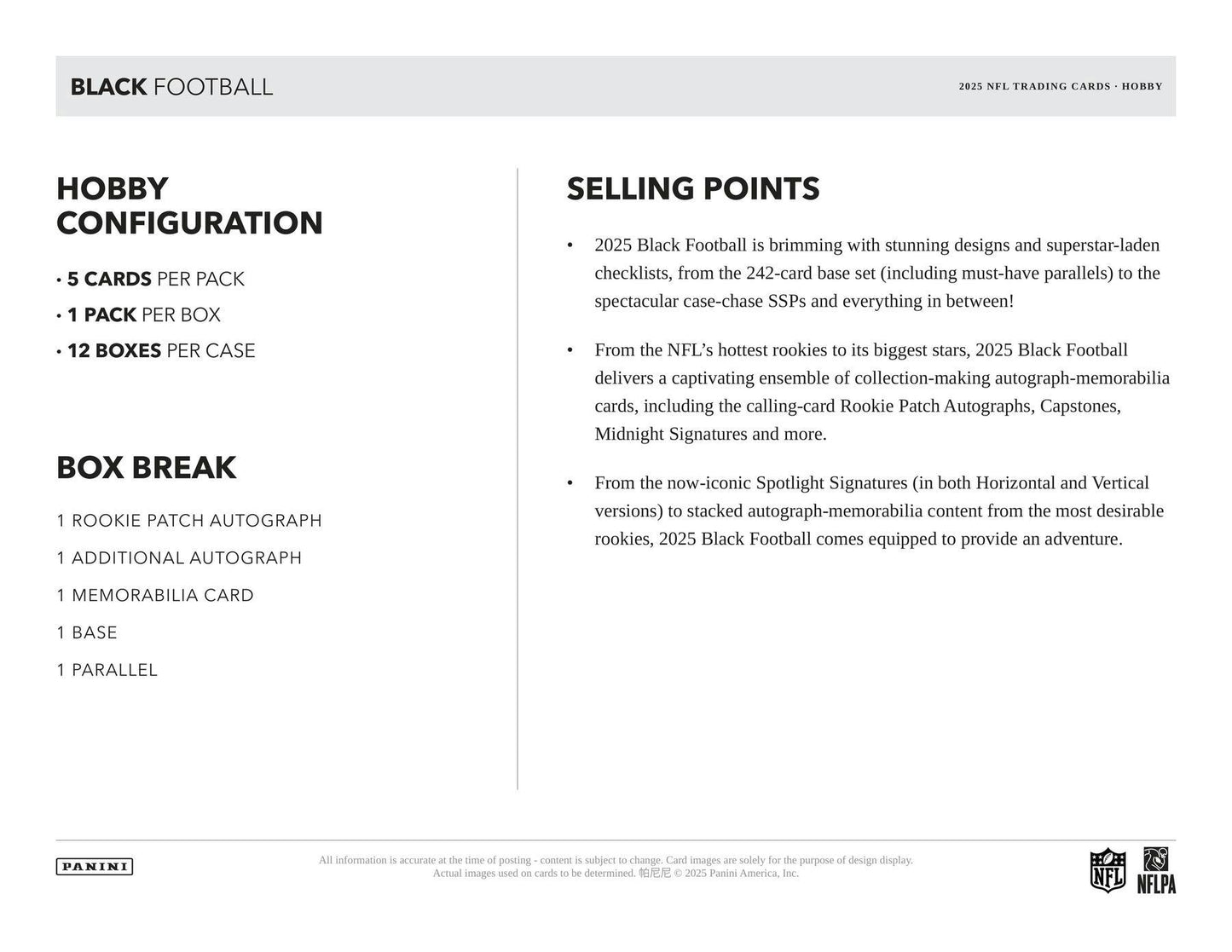 2025 Panini Black Football Hobby Box | Columbia Sports Cards - Columbia Hobby - Sports Card Boxes - Toploaders - Card Savers