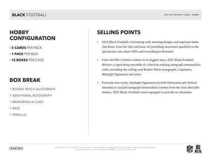 2025 Panini Black Football Hobby Box | Columbia Sports Cards - Columbia Hobby - Sports Card Boxes - Toploaders - Card Savers