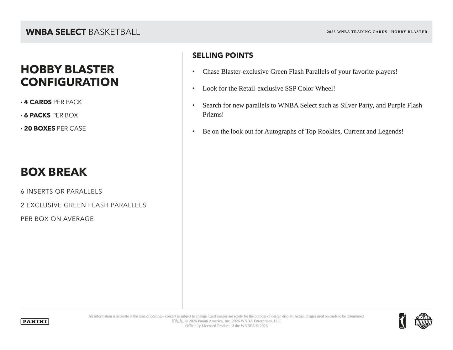 2025 Panini Select WNBA Basketball Hobby Blaster Box | Columbia Sports Cards - Columbia Sports Cards