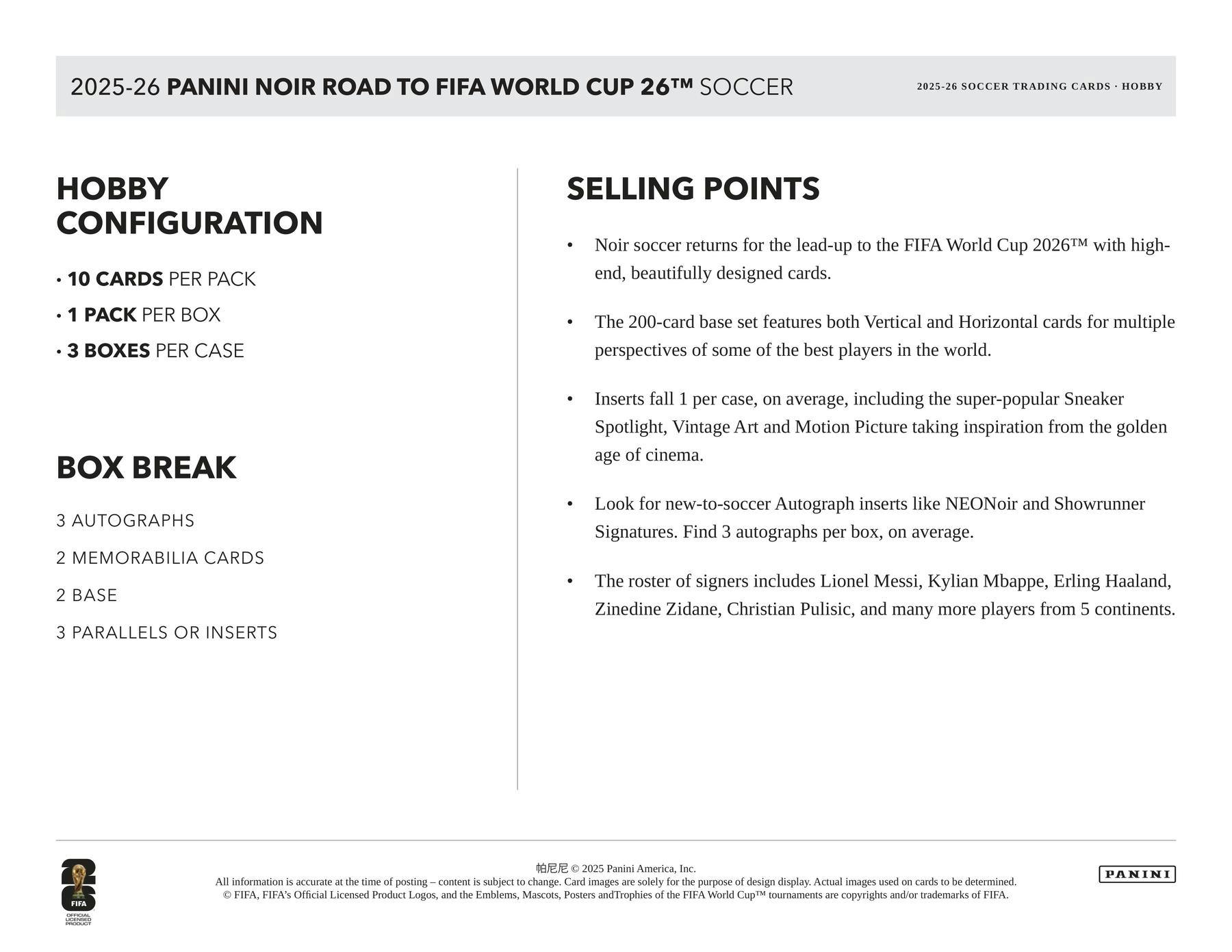 2025/26 Panini Noir Road to FIFA World Cup Soccer Hobby Box | Columbia Sports Cards - Columbia Hobby - Sports Card Boxes - Toploaders - Card Savers