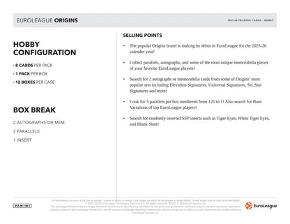 2025/26 Panini Origins EuroLeague Basketball Hobby Box | Columbia Sports Cards - Columbia Sports Cards