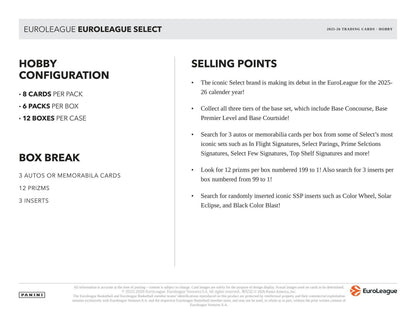 2025/26 Panini Select EuroLeague Basketball Hobby Box | Columbia Sports Cards - Columbia Hobby - Sports Card Boxes - Toploaders - Card Savers