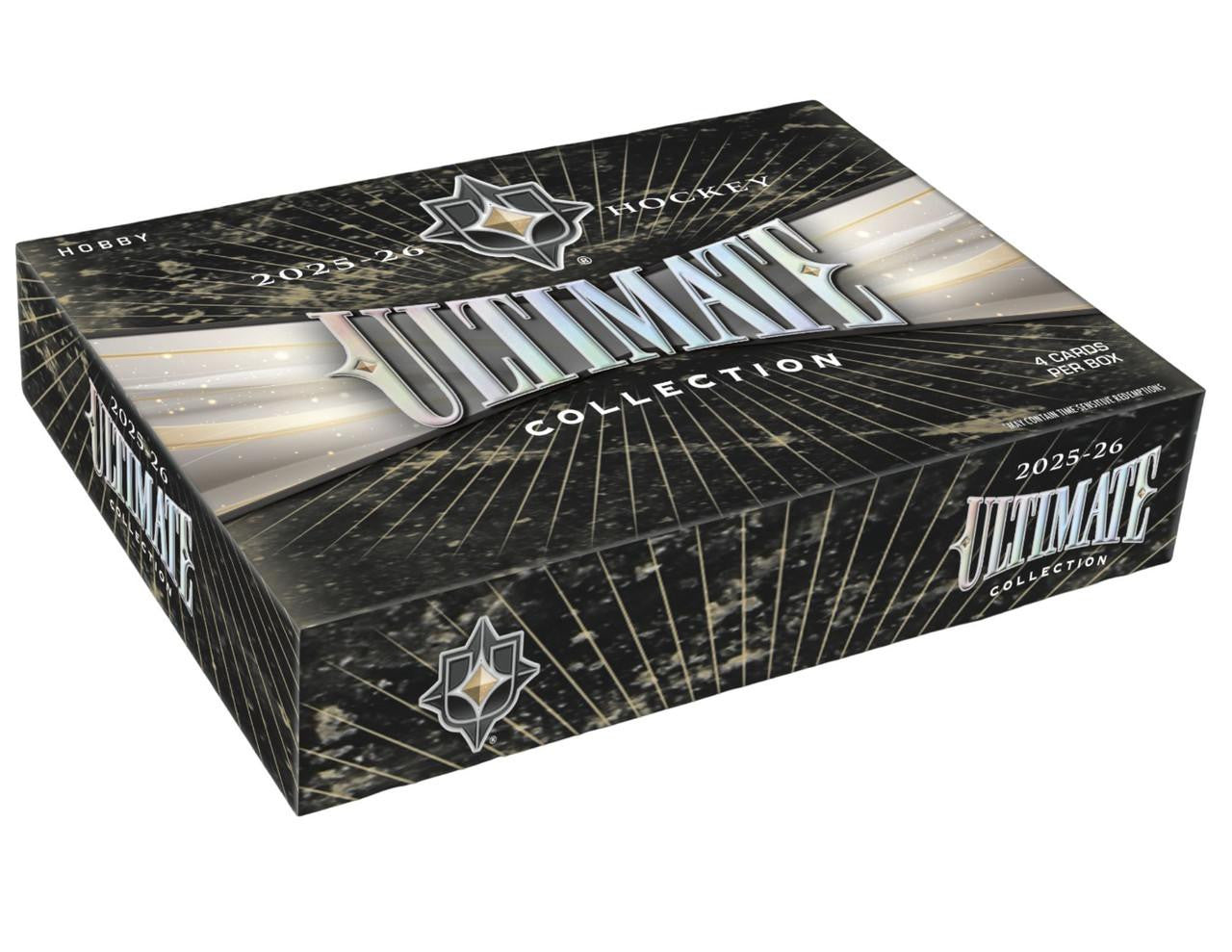 2025/26 Upper Deck Ultimate Collection Hockey Hobby Box featuring Ultimate Rookie cards, premium autographs, and jumbo shield patches.
Back of the 2025/26 Upper Deck Ultimate Collection Hockey Hobby Box showing product information and premium rookie content.
2025/26 Upper Deck Ultimate Collection Hockey premium trading card pack artwork.
2025/26 Upper Deck Ultimate Collection Hockey promotional sell sheet highlighting Ultimate Rookie Auto Patch cards, Jumbo Shield Patches, Rookie Tandem Shield Patches, and 