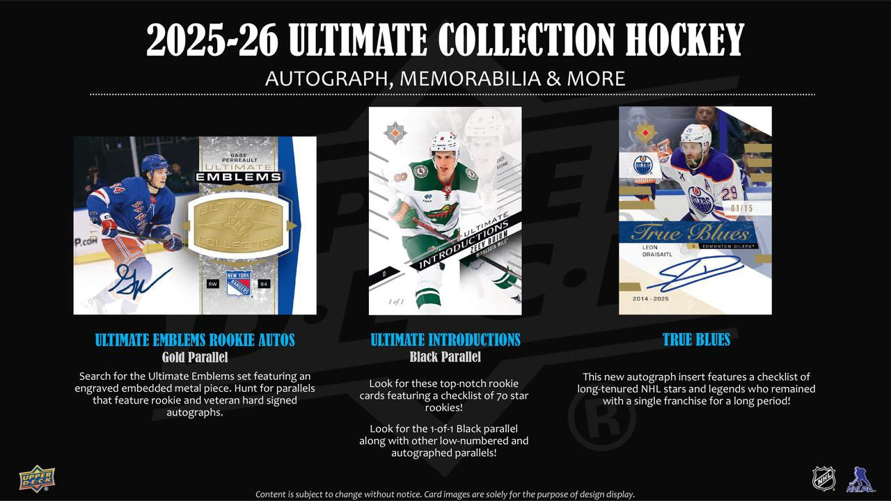 2025/26 Upper Deck Ultimate Collection Hockey Hobby Box | Columbia Sports Cards | Columbia Hobby - Sports Card Boxes - Toploaders - Card Savers.