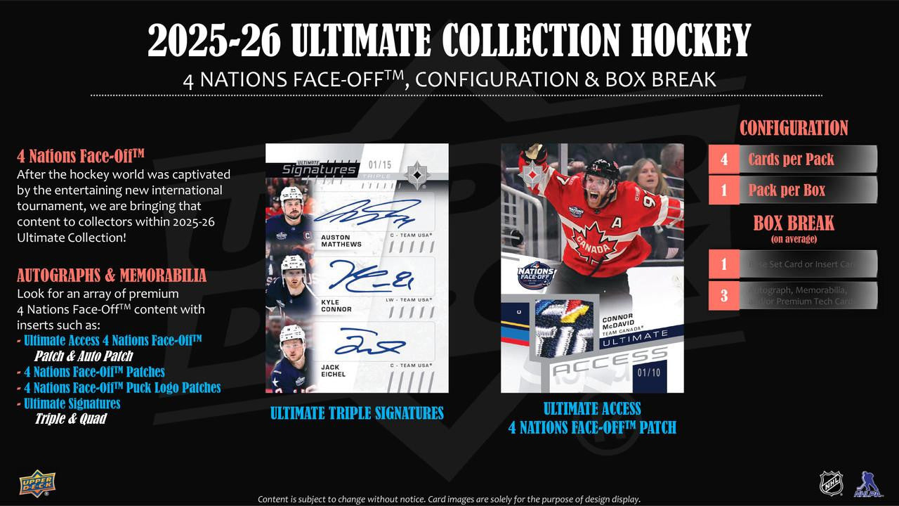 2025/26 Upper Deck Ultimate Collection Hockey Hobby Box | Columbia Sports Cards | Columbia Hobby - Sports Card Boxes - Toploaders - Card Savers.