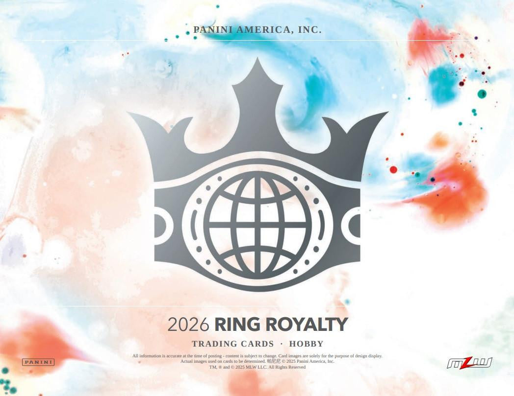 2026 Panini Ring Royalty Major League Wrestling Hobby Box sealed trading card box featuring 2 autographs and premium MLW inserts.
Back of the 2026 Panini Ring Royalty Major League Wrestling Hobby Box showing product details and box configuration.
2026 Panini Ring Royalty Major League Wrestling trading card pack artwork.
2026 Panini Ring Royalty Major League Wrestling promotional sell sheet highlighting Blank Slate, Le Cinque Più Belle, State of the Art inserts, and autograph chase cards.