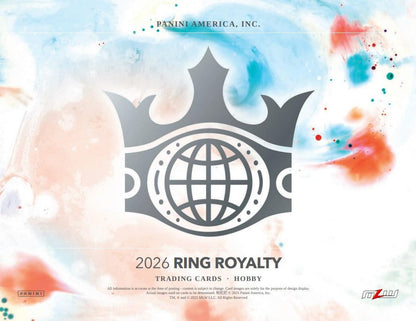 2026 Panini Ring Royalty Major League Wrestling Hobby Box sealed trading card box featuring 2 autographs and premium MLW inserts.
Back of the 2026 Panini Ring Royalty Major League Wrestling Hobby Box showing product details and box configuration.
2026 Panini Ring Royalty Major League Wrestling trading card pack artwork.
2026 Panini Ring Royalty Major League Wrestling promotional sell sheet highlighting Blank Slate, Le Cinque Più Belle, State of the Art inserts, and autograph chase cards.
