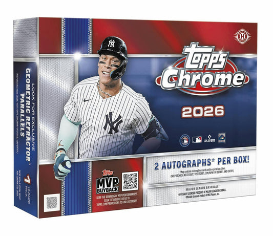 2026 Topps Chrome Baseball Delight Box featuring two autographs and exclusive Geometric Refractor parallels.
Back of the 2026 Topps Chrome Baseball Delight Box displaying product information and configuration.
2026 Topps Chrome Baseball Delight pack featuring MLB stars and rookies.
2026 Topps Chrome Baseball Delight promotional sell sheet highlighting Geometric Refractors, Future Stars Autographs, Chromographs, Shadow Etch inserts, and Gold Logoman chase cards.
