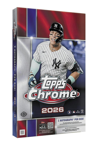 2026 Topps Chrome Baseball Hobby Box featuring one autograph, Chrome rookie cards, and Hobby-exclusive inserts.
Back of the 2026 Topps Chrome Baseball Hobby Box showing product information and box configuration.
2026 Topps Chrome Baseball hobby pack featuring MLB stars and rookies.
2026 Topps Chrome Baseball promotional sell sheet highlighting Shadow Etch case hits, Chromographs, Future Stars Autographs, Gold Logoman chase cards, and Hobby-exclusive inserts.