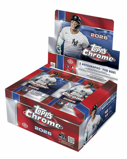 2026 Topps Chrome Baseball Jumbo Hobby Box featuring two autographs and exclusive Wave Refractor parallels.
Back of the 2026 Topps Chrome Baseball Jumbo Hobby Box showing product details and box configuration.
2026 Topps Chrome Baseball Jumbo hobby pack featuring MLB stars and top rookies.
2026 Topps Chrome Baseball Jumbo promotional sell sheet highlighting Wave Refractors, Helix case hits, Chromographs, Future Stars Autographs, Gold Logoman chase cards, and Hobby-exclusive inserts.