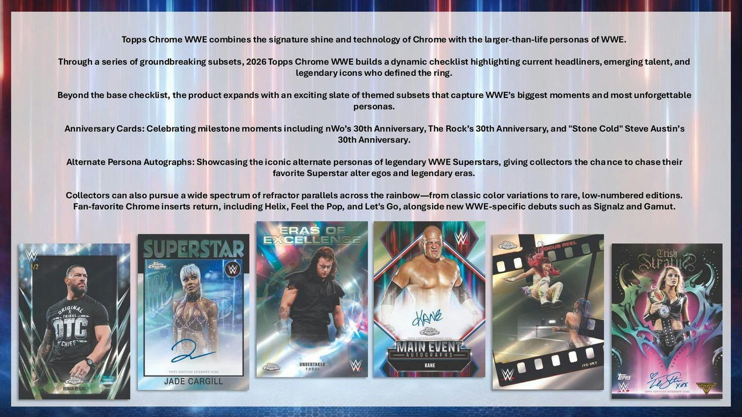 2026 Topps Chrome WWE Wrestling Mega Box | Columbia Sports Cards - Columbia Hobby - Sports Card Boxes - Toploaders - Card Savers