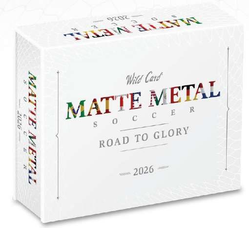 2026 Wild Card Matte Metal Soccer Road To Glory Hobby Box sealed product from Columbia Sports Cards.

Back of the 2026 Wild Card Matte Metal Soccer Road To Glory Hobby Box showing product information.

2026 Wild Card Matte Metal Soccer Road To Glory checklist featuring international soccer stars.

2026 Wild Card Matte Metal Soccer Road To Glory trading card pack.