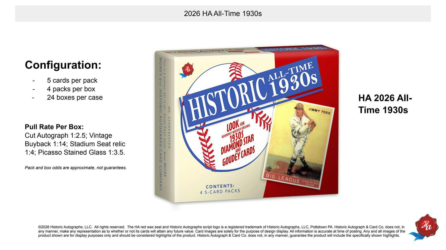 2026 Historic Autographs All-Time 1930s Baseball Hobby Box | Columbia Sports Cards | Columbia Hobby - Sports Card Boxes - Toploaders - Card Savers.