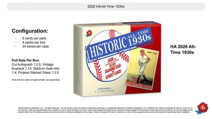 2026 Historic Autographs All-Time 1930s Baseball Hobby Box | Columbia Sports Cards | Columbia Hobby - Sports Card Boxes - Toploaders - Card Savers.