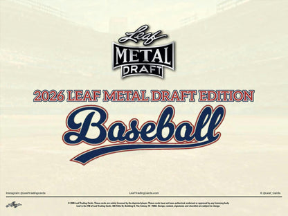 2026 Leaf Metal Draft Baseball Mega Box sealed trading card box featuring 14 autograph cards and exclusive 1960 Leaf Autographs.
Back of the 2026 Leaf Metal Draft Baseball Mega Box showing product details and box configuration.
2026 Leaf Metal Draft Baseball Mega Box trading card pack artwork.
2026 Leaf Metal Draft Baseball Mega Box promotional sell sheet highlighting prospect autographs, 1960 Leaf Autographs, acetate cards, and Metal technology.