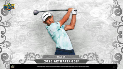2026 Upper Deck Artifacts Golf Hobby Box featuring autographs, memorabilia cards, Aurum inserts, and rookie cards.
Back of the 2026 Upper Deck Artifacts Golf Hobby Box showing product details and box configuration.
2026 Upper Deck Artifacts Golf trading card hobby pack featuring premium golf collectibles.
2026 Upper Deck Artifacts Golf promotional sell sheet highlighting Aurum inserts, Ball Marker Relics, Rookie Autographs, Treasured Swatches, and premium memorabilia cards.