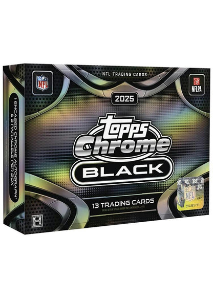 2025 Topps Chrome Black Football Hobby Box sealed trading card box featuring 1 autograph card and premium Chrome Black designs.
Back of the 2025 Topps Chrome Black Football Hobby Box showing product details and box configuration.
2025 Topps Chrome Black Football trading card pack artwork.
2025 Topps Chrome Black Football promotional sell sheet highlighting rookie autographs, Nocturnal inserts, Black Lightning case hits, and Super Future Autographs.