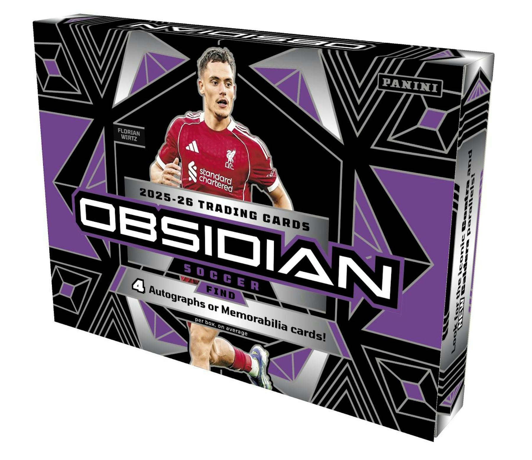 2025/26 Panini Obsidian Soccer Hobby Box featuring four autographs or memorabilia cards and premium Opti-Chrome soccer cards.
Back of the 2025/26 Panini Obsidian Soccer Hobby Box showing product details and box configuration.
2025/26 Panini Obsidian Soccer hobby pack featuring premium club soccer trading cards.
2025/26 Panini Obsidian Soccer promotional sell sheet highlighting Black Color Blast SSPs, Electric Etch parallels, Contra parallels, Caldera parallels, and premium autograph content.