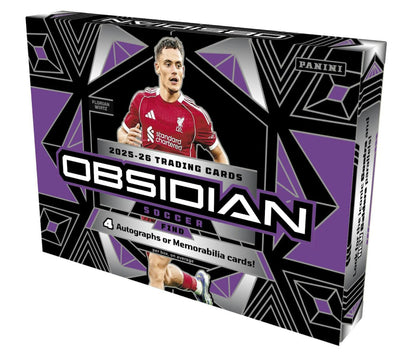 2025/26 Panini Obsidian Soccer Hobby Box featuring four autographs or memorabilia cards and premium Opti-Chrome soccer cards.
Back of the 2025/26 Panini Obsidian Soccer Hobby Box showing product details and box configuration.
2025/26 Panini Obsidian Soccer hobby pack featuring premium club soccer trading cards.
2025/26 Panini Obsidian Soccer promotional sell sheet highlighting Black Color Blast SSPs, Electric Etch parallels, Contra parallels, Caldera parallels, and premium autograph content.